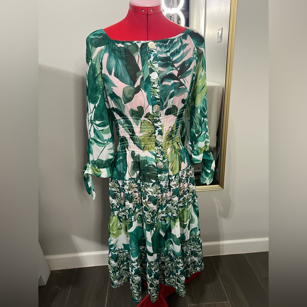 Figueroa & Flower Spring sheer Dress Peasant Green Botanical Floral Leaf size L